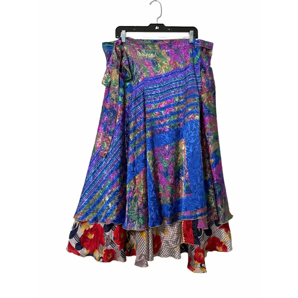 Unbranded Silk Wrap Skirt OS Multicolor Patchwork Reversible Sari Maxi Tiered